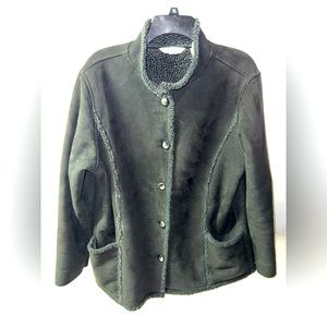 LL Bean Women's L Petite Faux Suede Sherpa Lined Jacket Button Up Black 0 8CT7